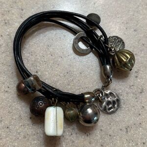 Vintage Multi-Charm Black Leather Bracelet